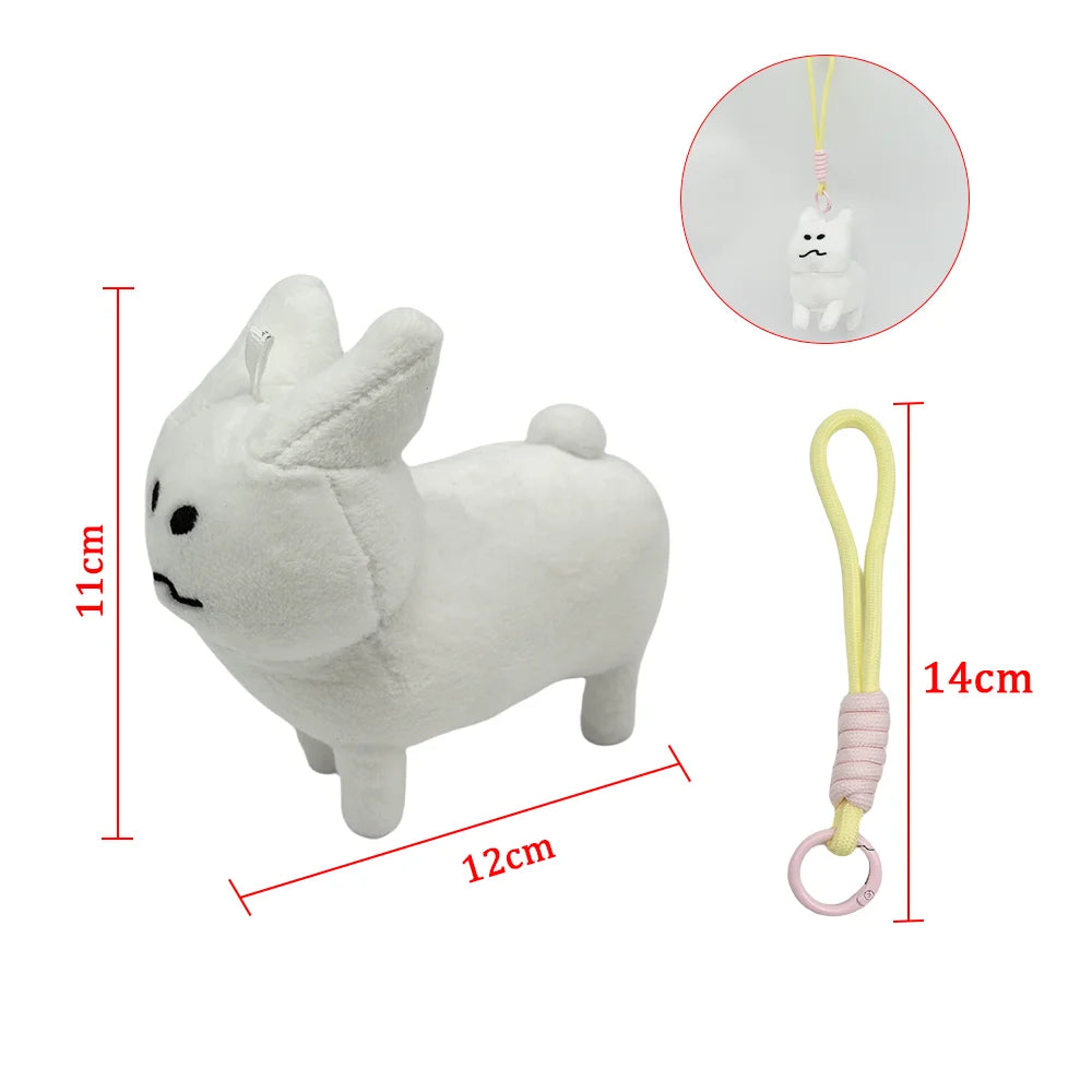 White soft plush rabbit stuffed toy with a yellow hanging loop and pink ring.