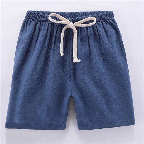 Navy blue kids summer linen shorts with an adjustable drawstring waist