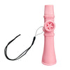 A pink portable kazoo flute with a lanyard attached, shown from the side.