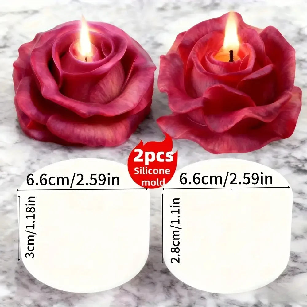 A set of two silicone molds shaped like red roses used for making candles, soap, and other items.