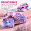A pink 1:16 scale off-road remote control car with purple tires and lights is shown in a desert landscape.
