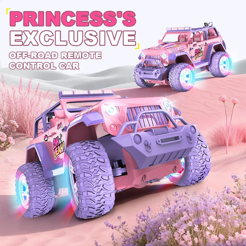 A pink 1:16 scale off-road remote control car with purple tires and lights is shown in a desert landscape.