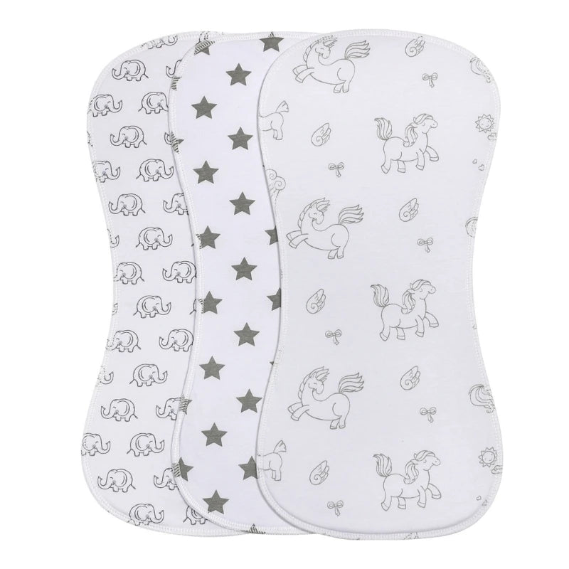 A set of two white absorbent burp cloths featuring various baby animal designs like elephants and horses.