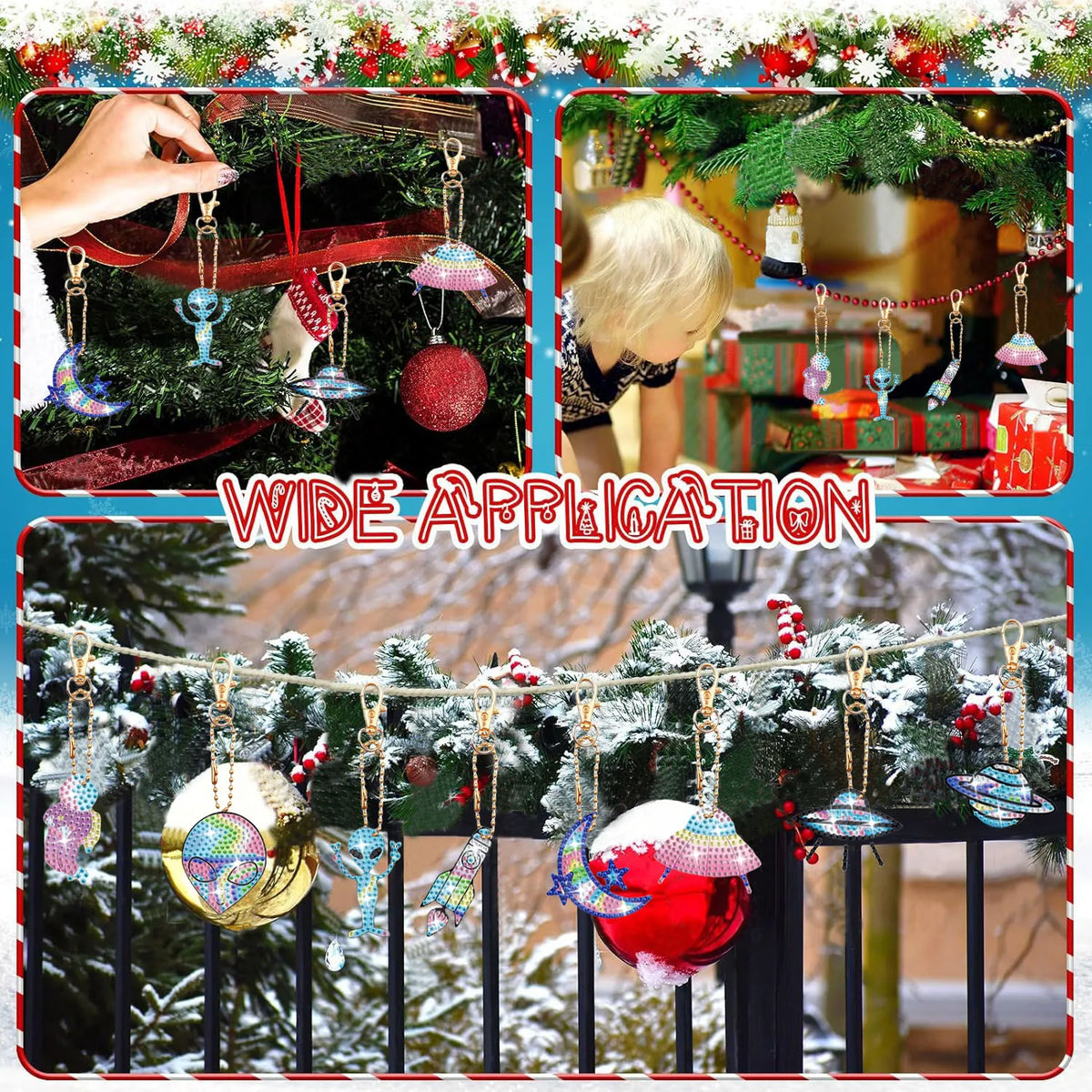 A display of eight DIY animal diamond art keychains and crafts hanging on a festive evergreen garland in a snowy outdoor sett
