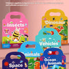 A colorful box of reusable sticker sheets featuring insects, dinosaurs, vehicles, animals, and space themes for children.