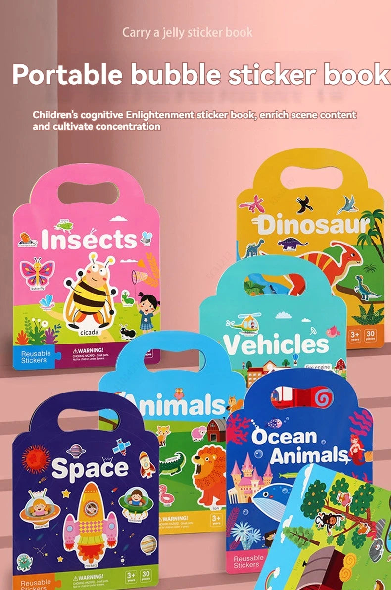 A colorful box of reusable sticker sheets featuring insects, dinosaurs, vehicles, animals, and space themes for children.