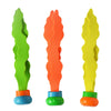 A set of three colorful shark rocket pool diving toys in green, orange, and yellow.