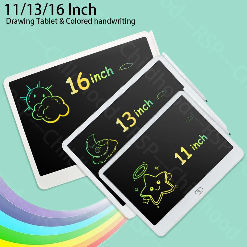 A set of three reusable LCD writing tablets in 11, 13, and 16 inch sizes for drawing and handwriting.