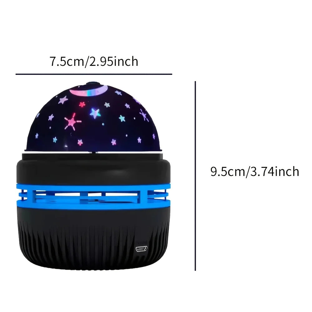 A black projector night light with a dome featuring glowing stars and moon effects.