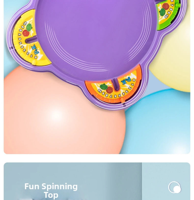 A purple pull-string spinning top battle game with colorful fruit designs on the side.