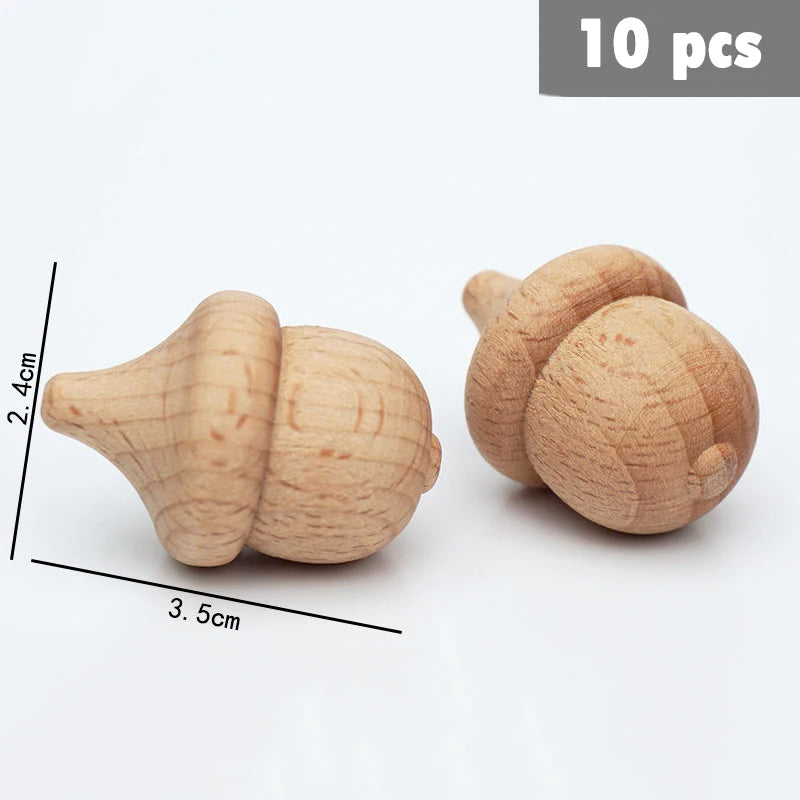 Ten natural wooden rainbow building blocks showing different colors and shapes.