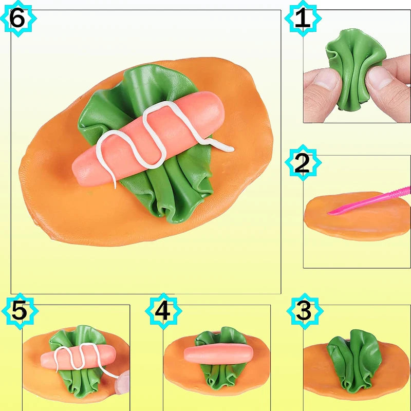A set of polymer clay tools showing various steps for carving and sculpting a green leaf shape on an orange clay surface.