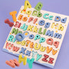 A wooden alphabet puzzle set featuring uppercase and lowercase letters in various colors.
