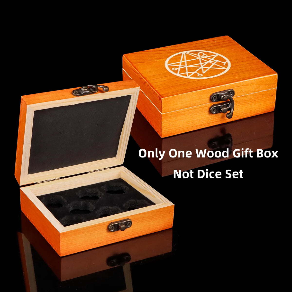 A wooden gift box with a lid open displaying a geometric design and an inner compartment for dice.