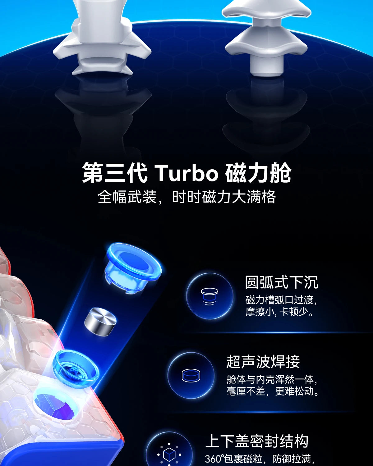A close-up view of a third-generation Turbo magnetic speed cube demonstrating its features and design.