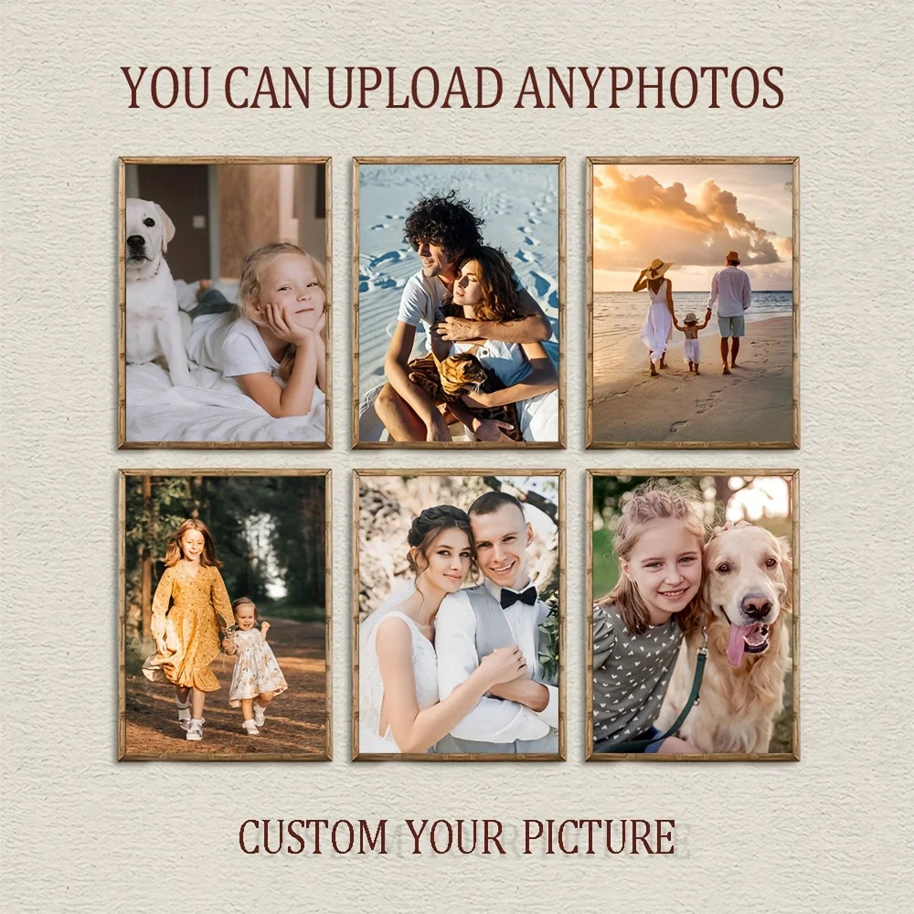 A collection of eight framed photos showing people and pets, used as examples for custom photo canvas wall art.