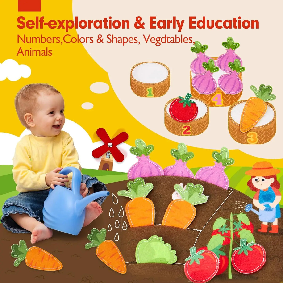 A colorful felt board showing numbers, colors, shapes, vegetables, and animals for self-exploration and early education.