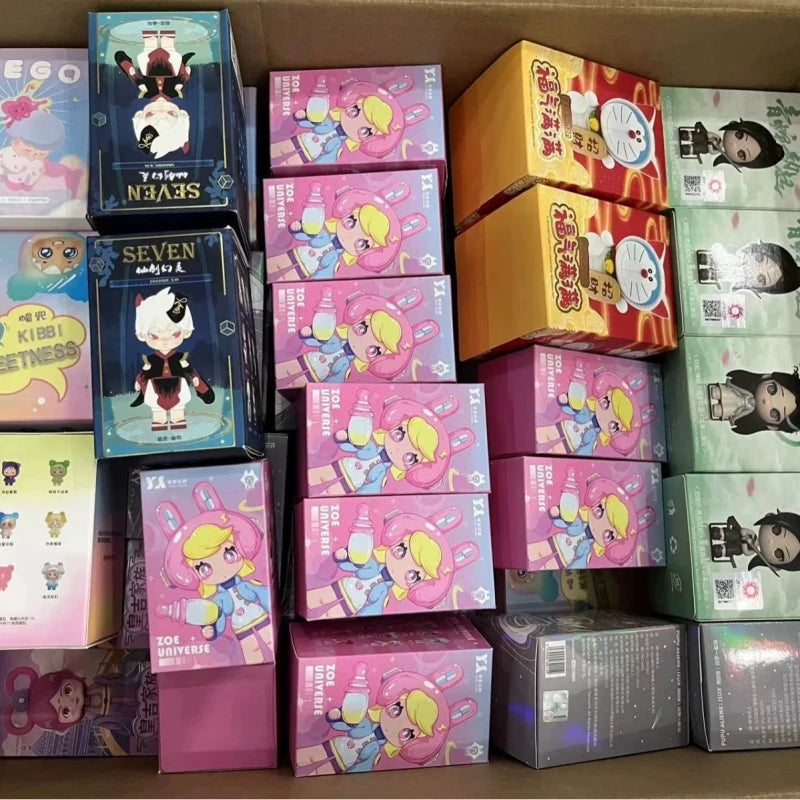 A collection of various anime blind box figurines in colorful packaging boxes.
