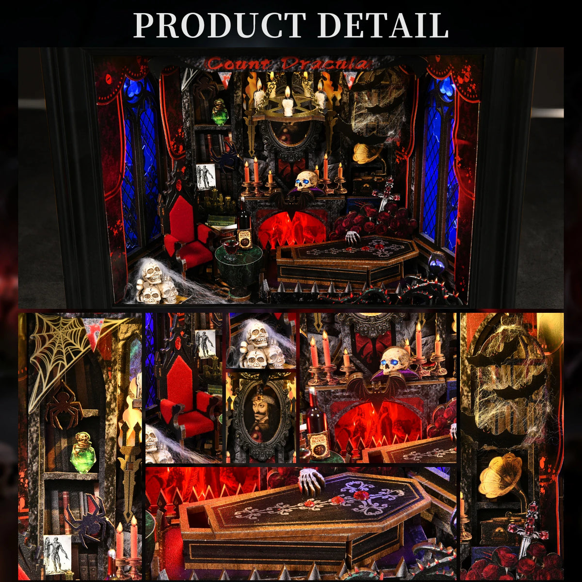 A detailed diorama of a gothic vampire scene featuring wooden furniture, skulls, and red lighting for a DIY book nook kit.