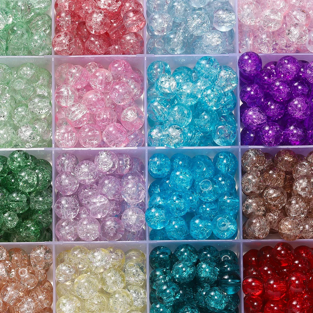 A grid of colorful 8mm glass crackle beads for jewelry making in various shades including pink, blue, green, and purple.