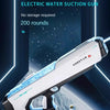 A white electric water suction gun is displayed on a dark surface with a small figure and a background of space.
