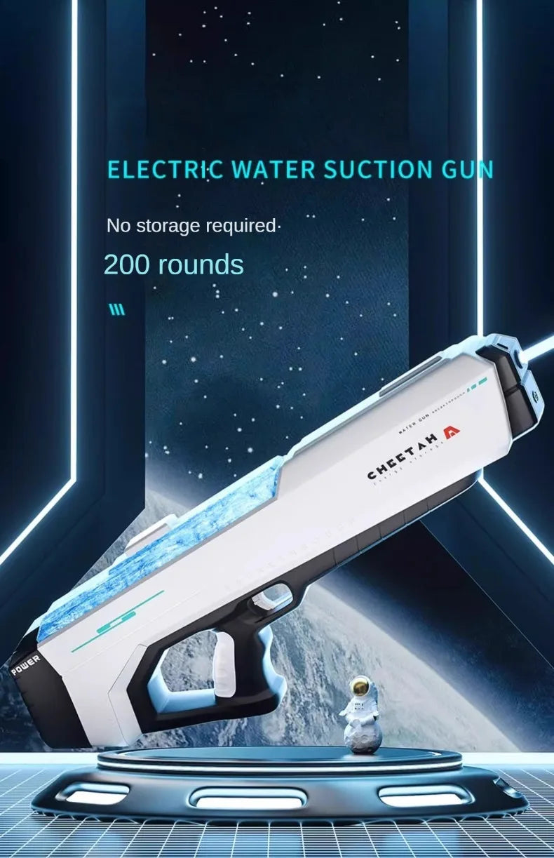 A white electric water suction gun is displayed on a dark surface with a small figure and a background of space.