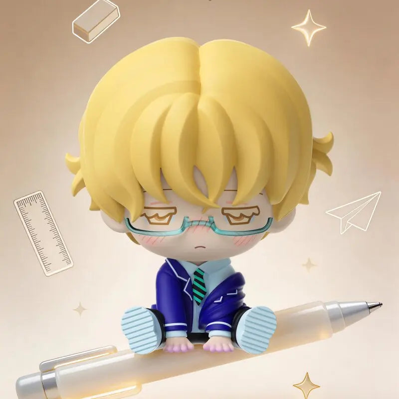 A blind box figure of a blonde character wearing glasses and holding a pencil, set against a light background.