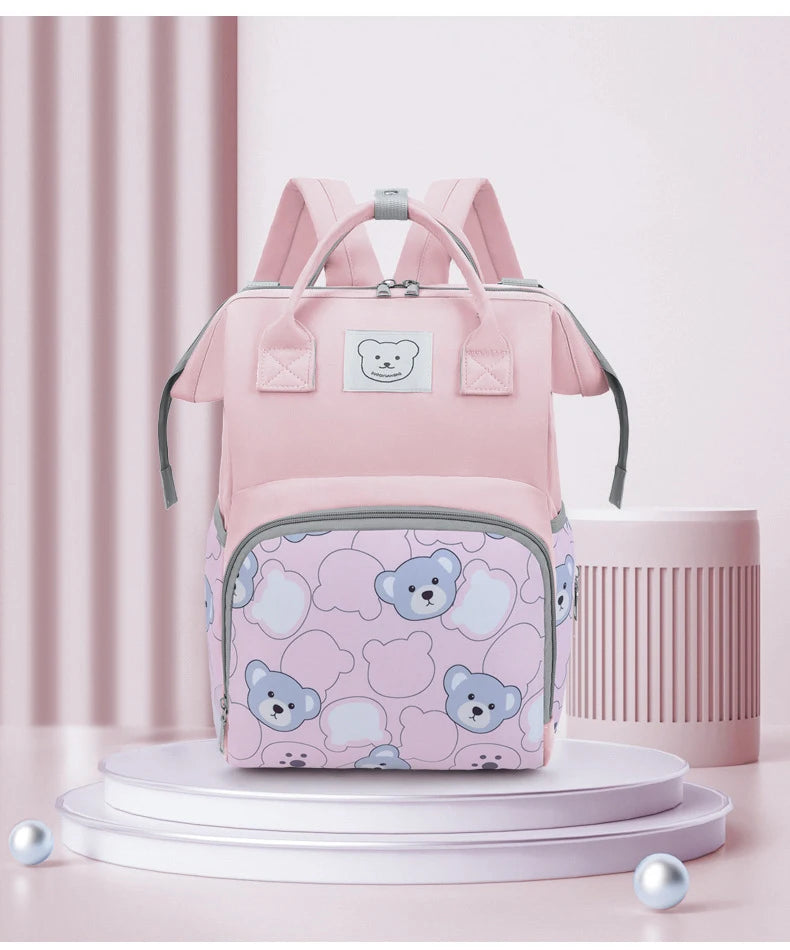 Waterproof Diaper Bag Backpack with Printed Bear Design