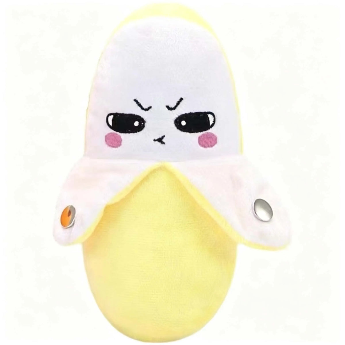 A yellow fruit plush toy with a white body and angry facial expression.