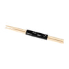 A pair of maple wood drumsticks with black grip tape for practice and performance.