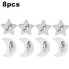 Eight silver star-shaped phone charm hooks with adhesive backing