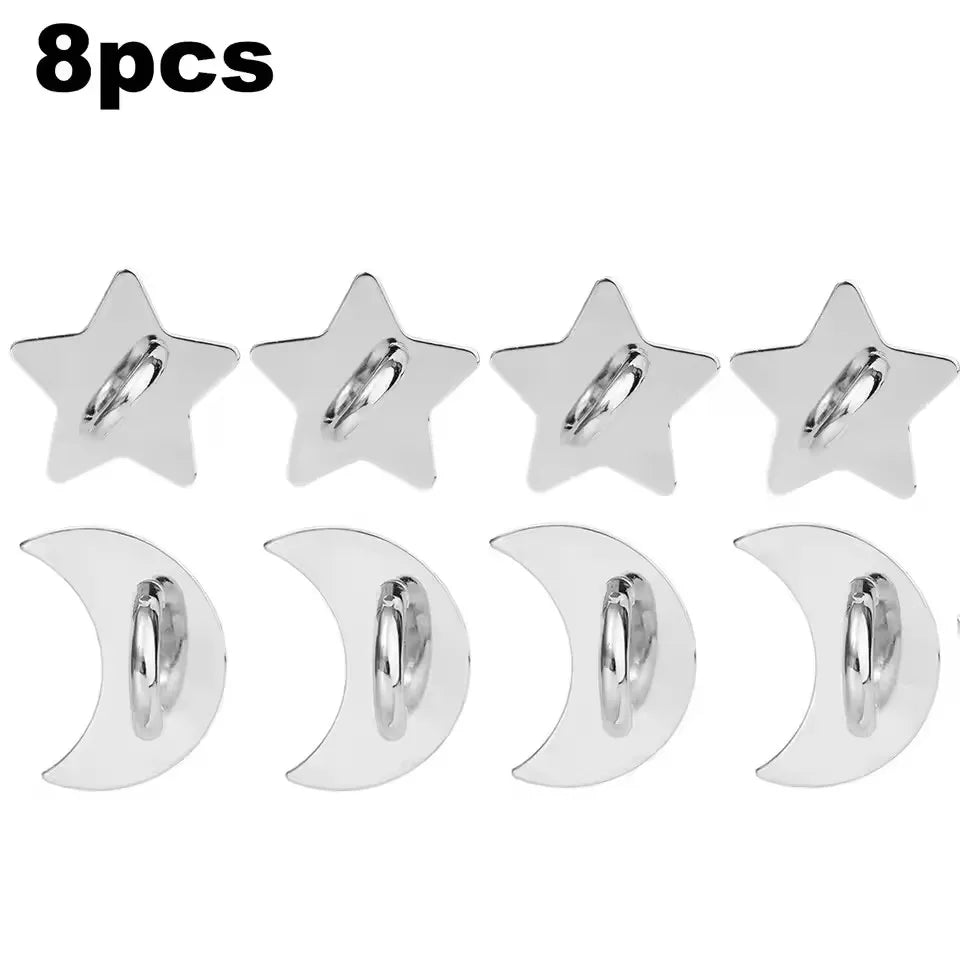 Eight silver star-shaped phone charm hooks with adhesive backing
