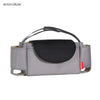 A gray fabric bottle holder with a padded cup section and adjustable straps.