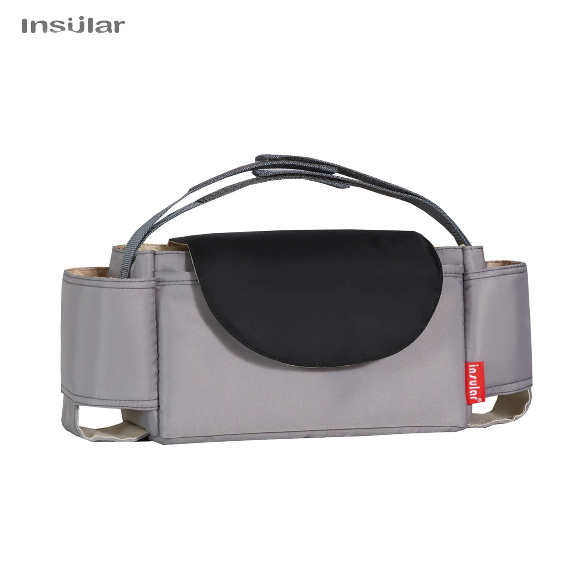 A gray fabric bottle holder with a padded cup section and adjustable straps.