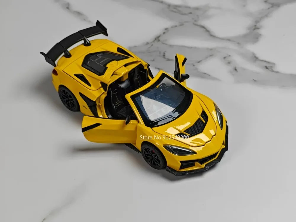 Yellow 1:32 scale diecast supercar model with pull-back action and opening doors