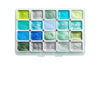 A palette of twenty metal watercolor paints in various shades of green, blue, and gray.