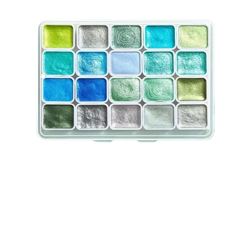 A palette of twenty metal watercolor paints in various shades of green, blue, and gray.
