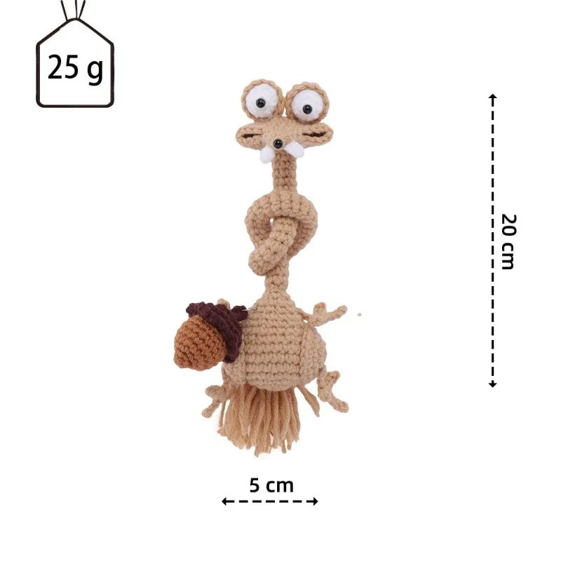 Handmade crochet sloth and squirrel plush keychain charm in brown color