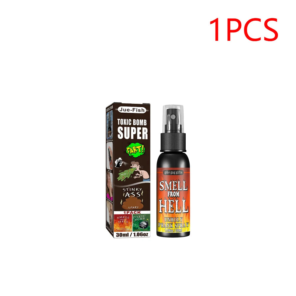 A bottle of Joe-Fish Toxic Bomb Super fart spray prank gag product.