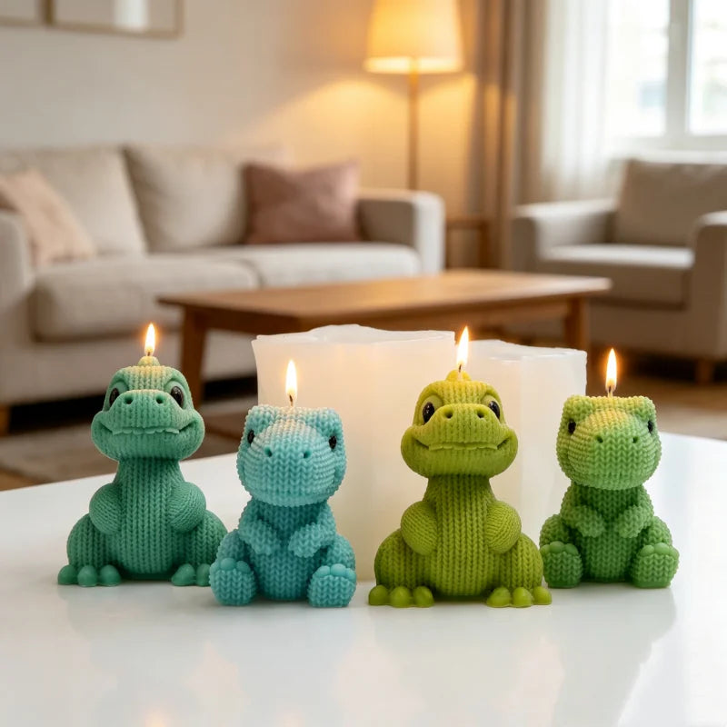 3D Knitted Dinosaur Silicone Candle Mold – Cute Sitting Dino Design for DIY Crafts