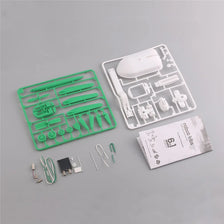 A green and white 6-in-1 DIY solar robot kit for kids showing various tools and components.