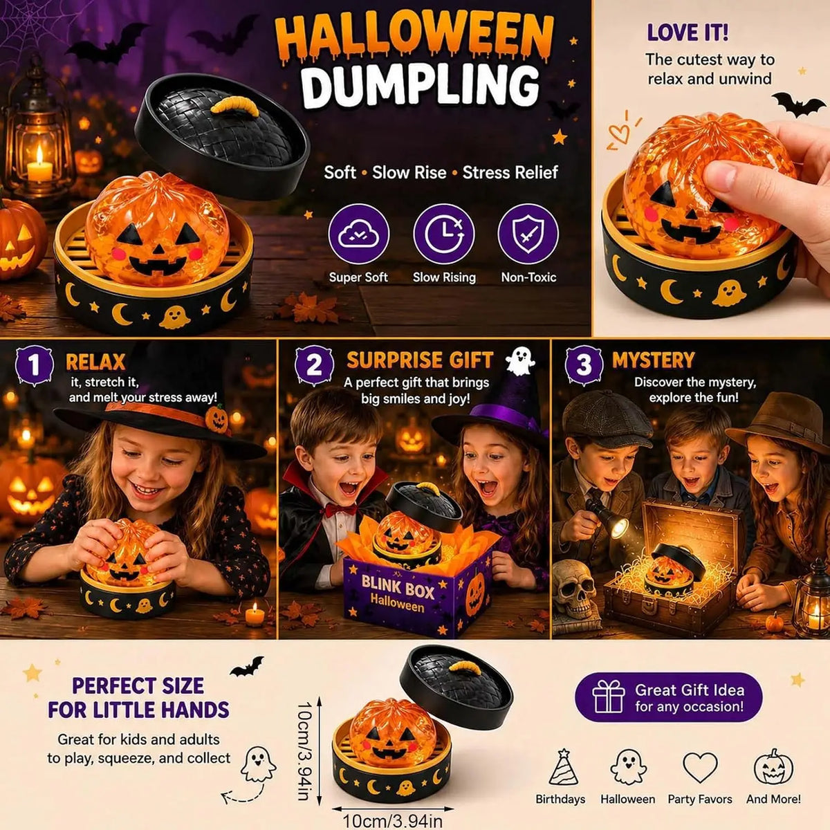 Halloween dumpling stress relief toy featuring an orange pumpkin shape for kids and adults