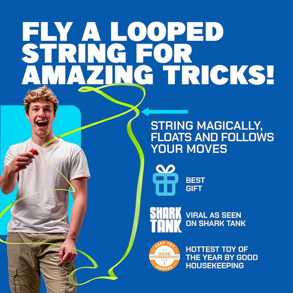 A young man is demonstrating a looped string trick, with a green glowing string floating and following his movements.