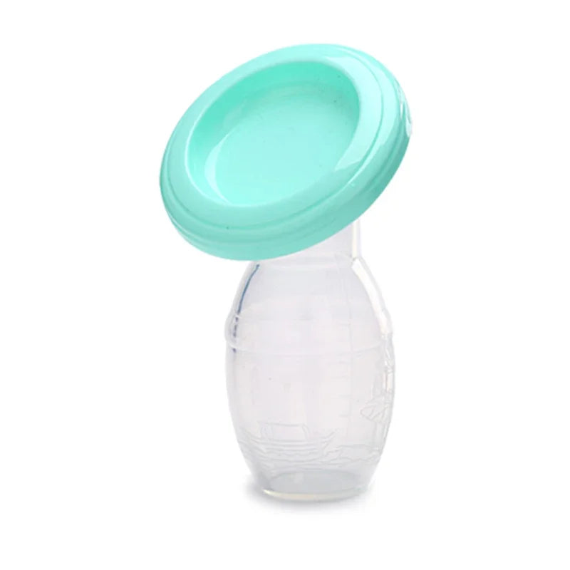 A clear manual breast pump bottle with a light teal silicone cap.