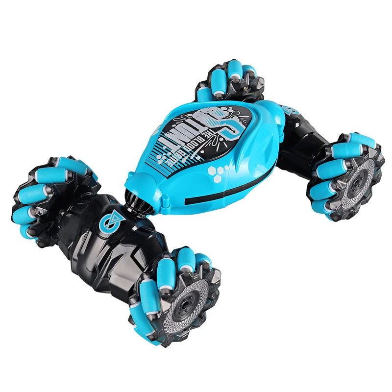 A black and teal 4WD RC stunt car with gesture control features and LED lights.
