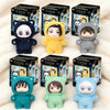 A collection of six Jujutsu Kaisen cat ear plushies in various colors and styles displayed against a white fluffy background.