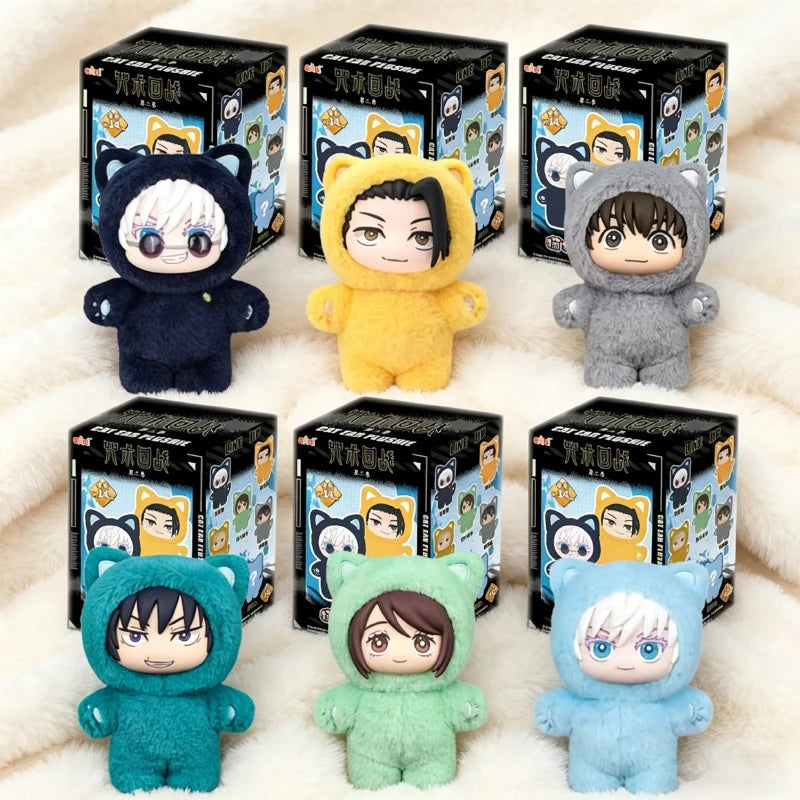 A collection of six Jujutsu Kaisen cat ear plushies in various colors and styles displayed against a white fluffy background.