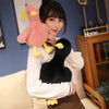 A person is holding two plush duck toys, one pink and one black, against a blue wall.