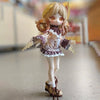 A detailed articulated ball-jointed doll with blonde hair and wings in a white and purple outfit standing on a surface.