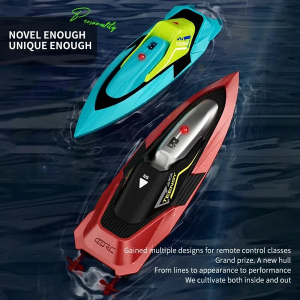 Two bright blue and red RC boats are shown floating on water, highlighting unique designs for remote control classes.